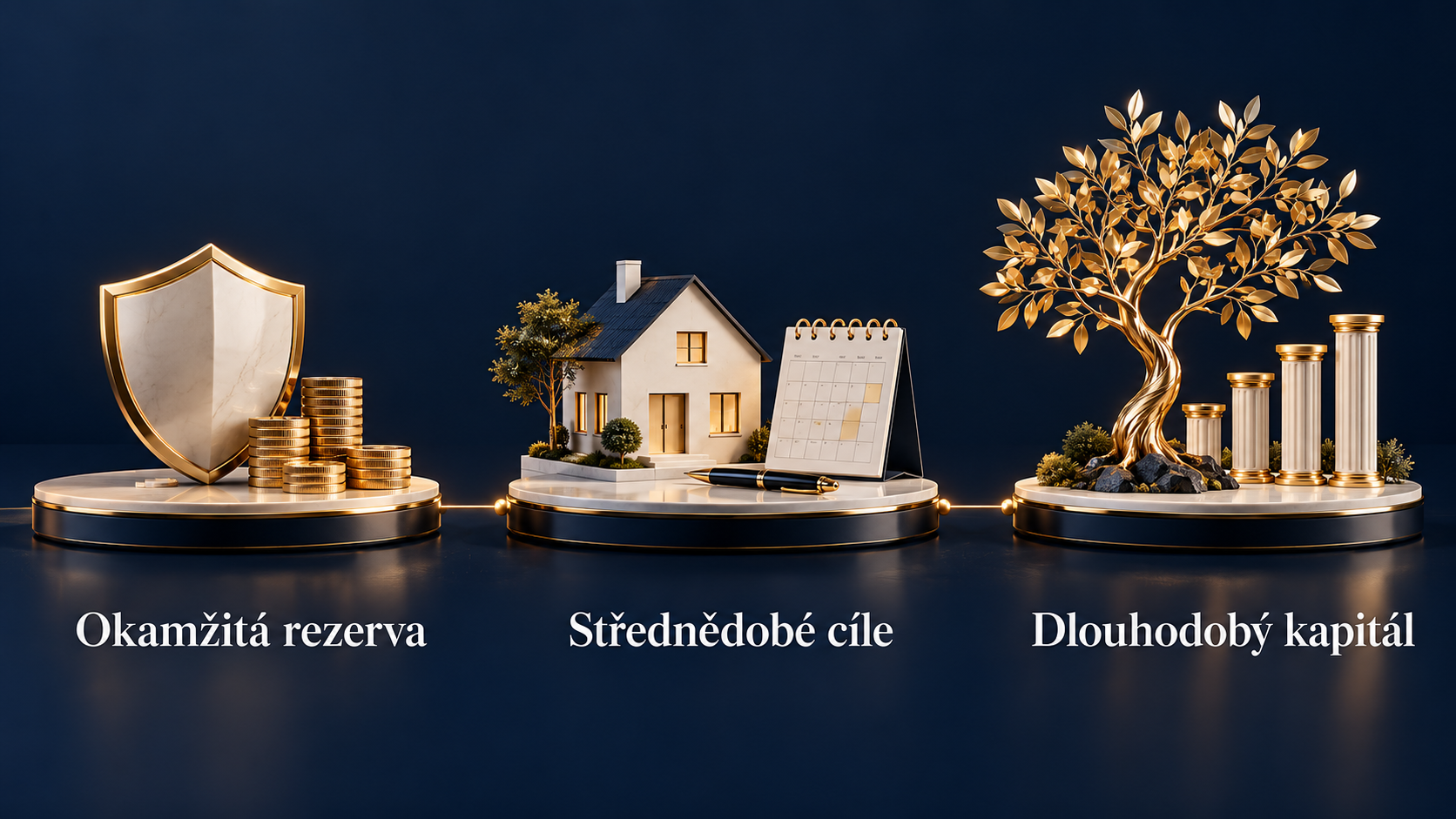Tři vrstvy peněz na tmavě modrém pozadí: štít a mince představují okamžitou rezervu, dům s kalendářem střednědobé cíle a zlatý strom dlouhodobý kapitál.